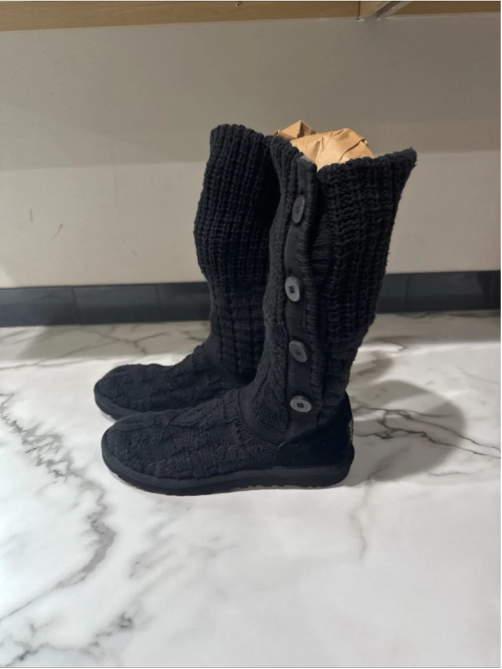 Ugg Leland Sweater Fold Over Boots Women’s 8 Black Slip On Boots Missing Button